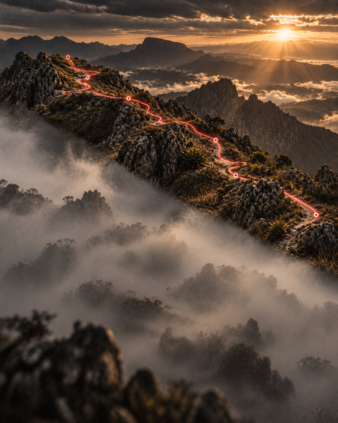 Serra com o traçado do percurso em linha vermelha de GPS sobre a trilha, metade coberta por neblina