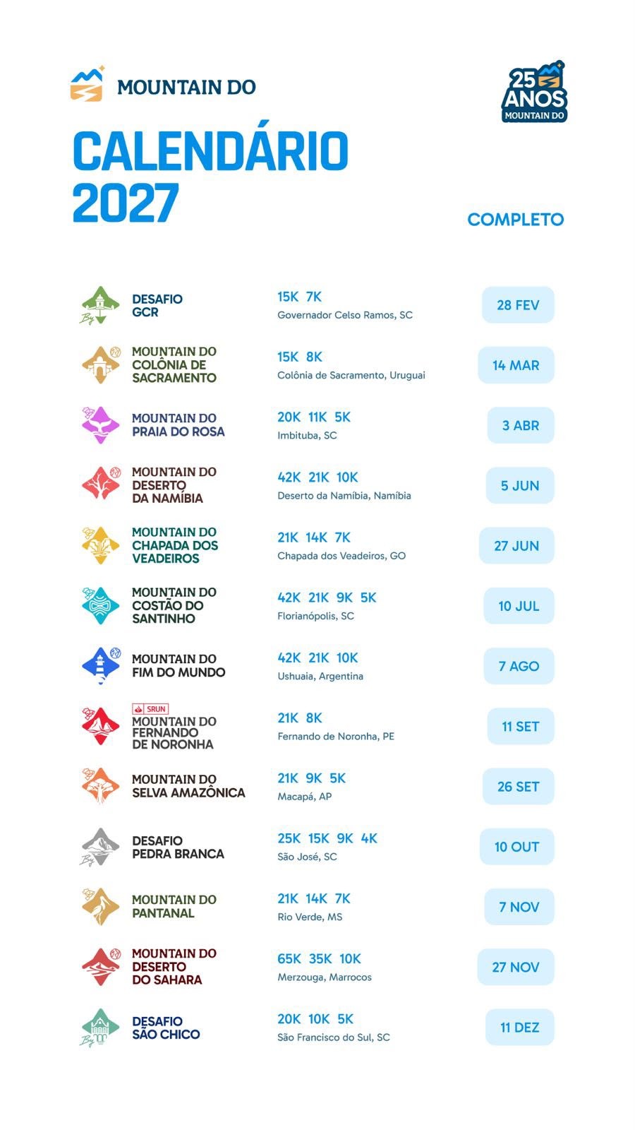 Calendário oficial Mountain Do 2027, com 13 provas de fevereiro a dezembro